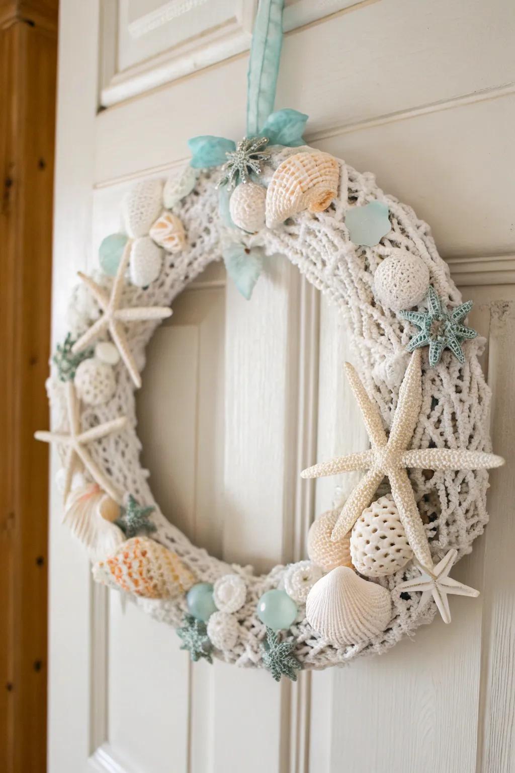 Transform your entryway into a coastal retreat with this stunning crochet seashell wreath, capturing the essence of a peaceful beach escape.
