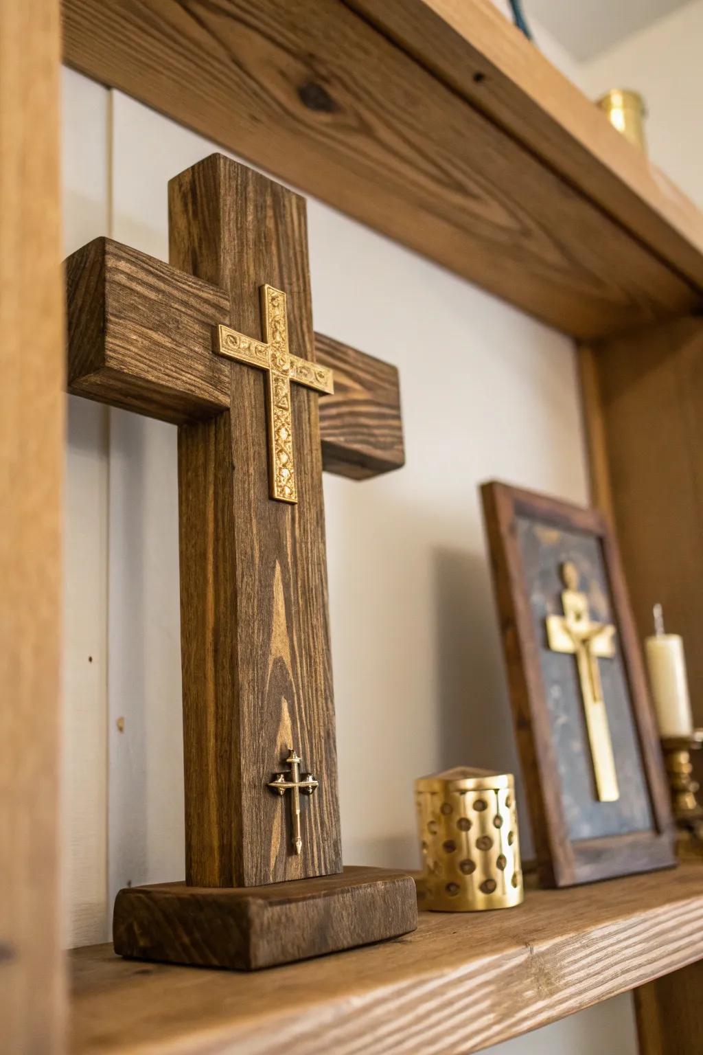 Tiered lumber and gilded cross decoration