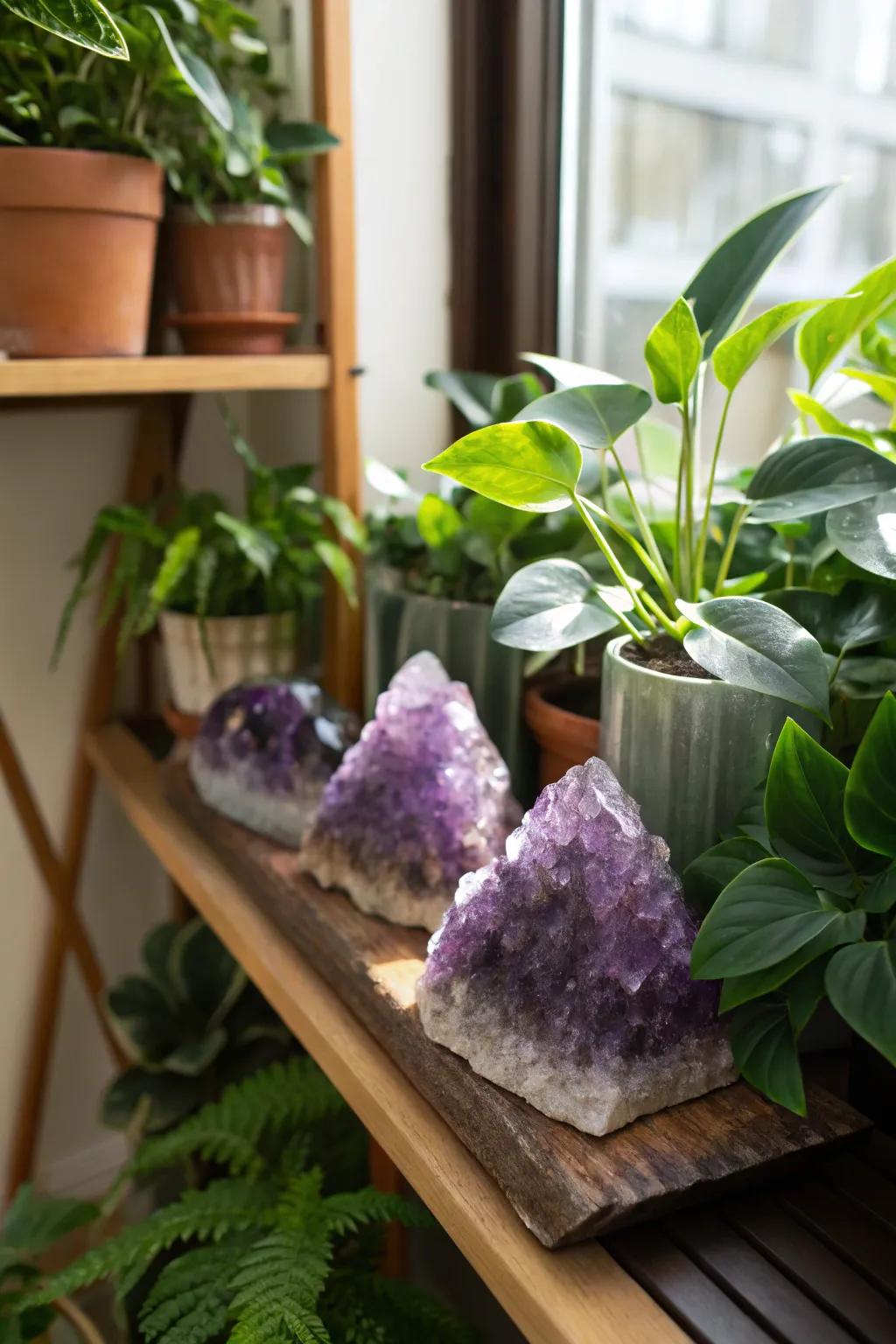 Purple crystals paired with indoor plants create a natural, calming vibe.