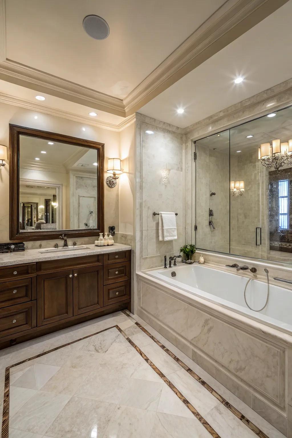 Uniting a shower and soaking tub in cultured marble establishes a spa-inspired sanctuary.