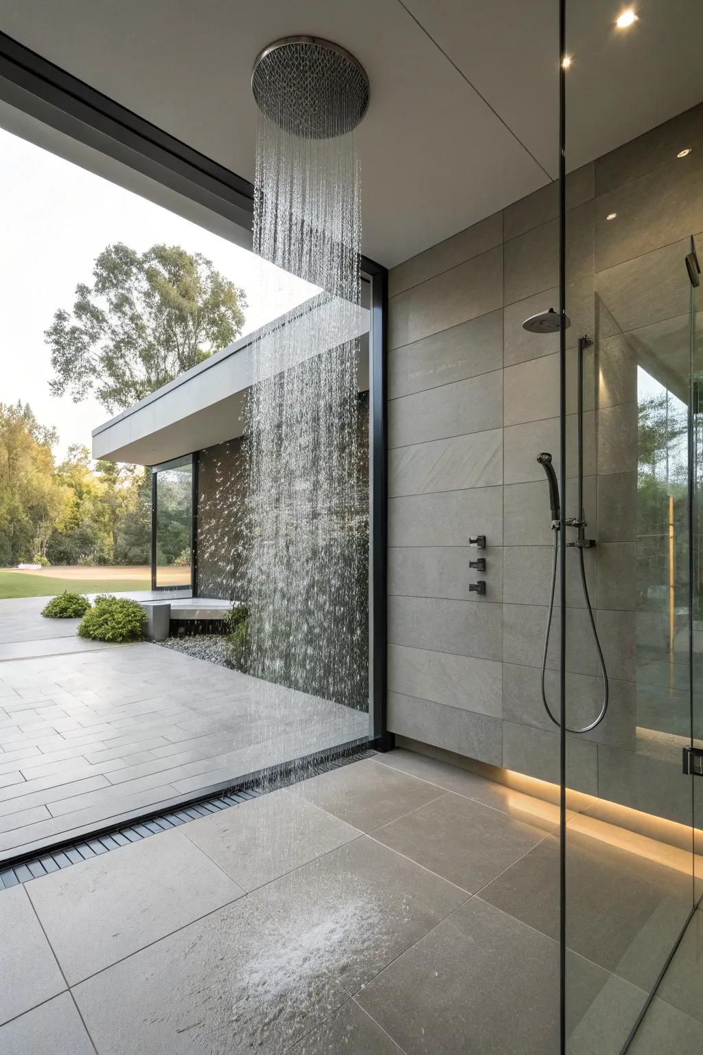 The rainfall showerhead improves the bathing experience in this curbless shower setup.