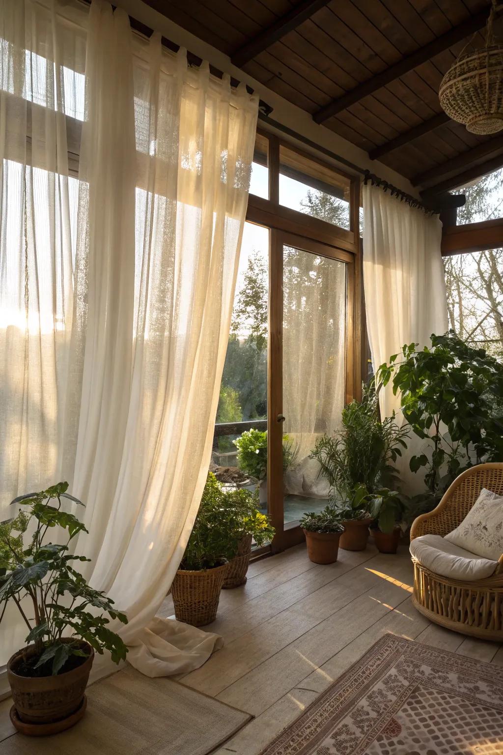 See through window coverings provide ventilation and brightness.