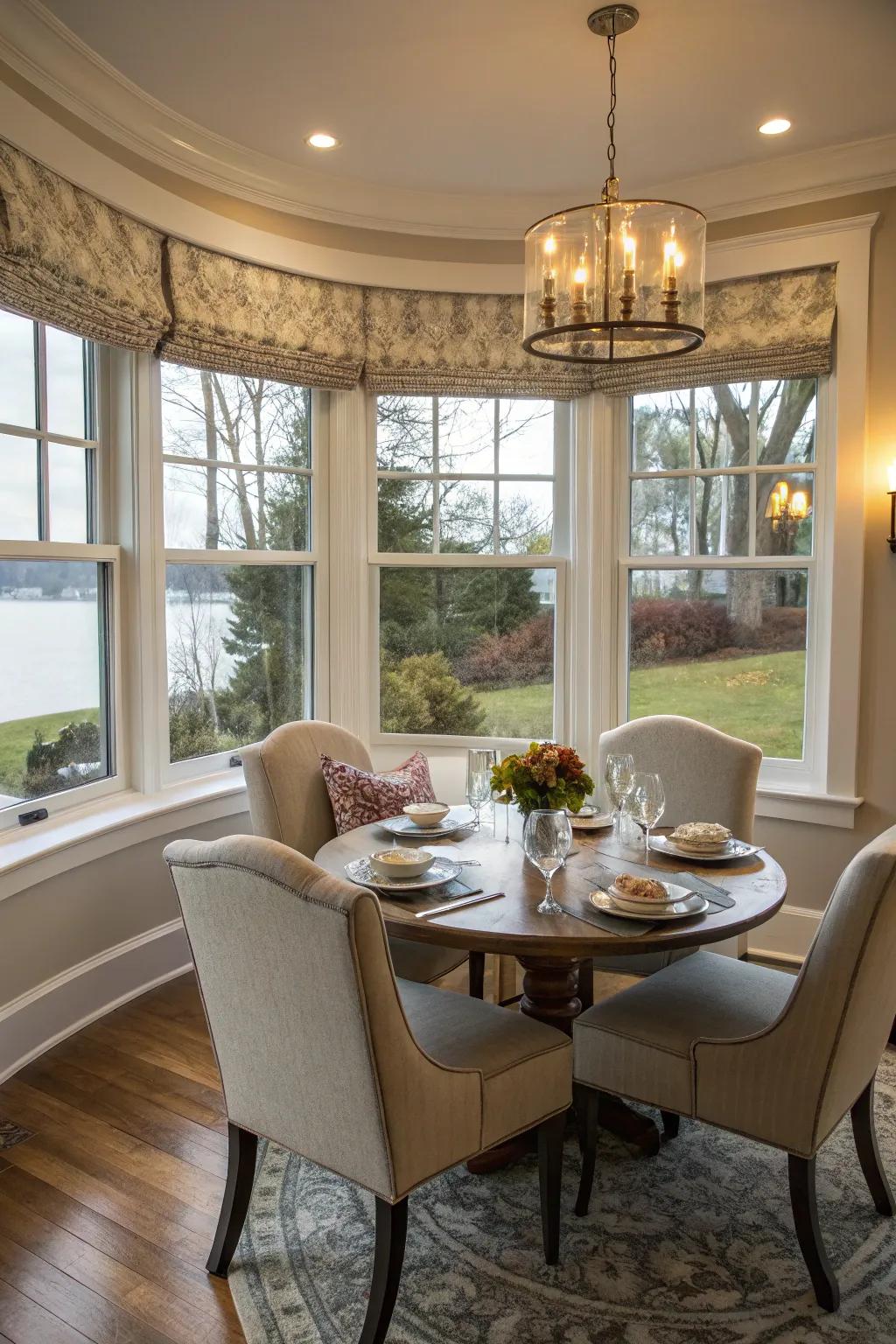 A quaint eating nook within a curved bay window design.
