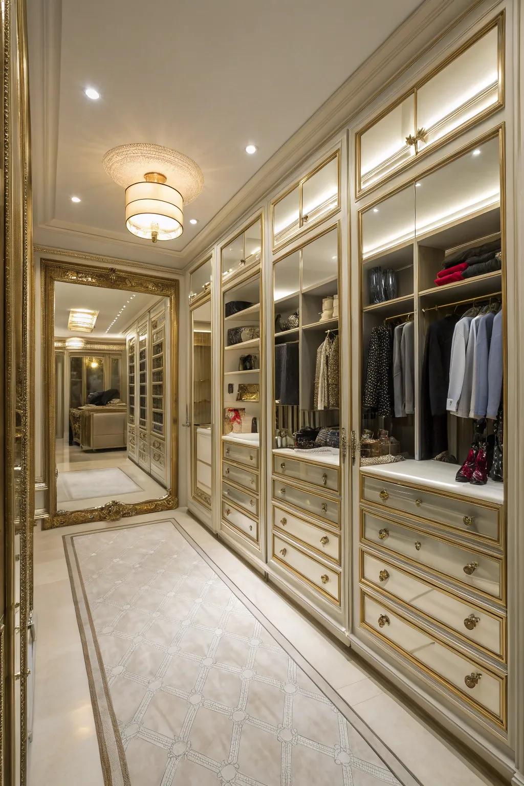 Reflective wall paneling brings spaciousness and utility to your closet.