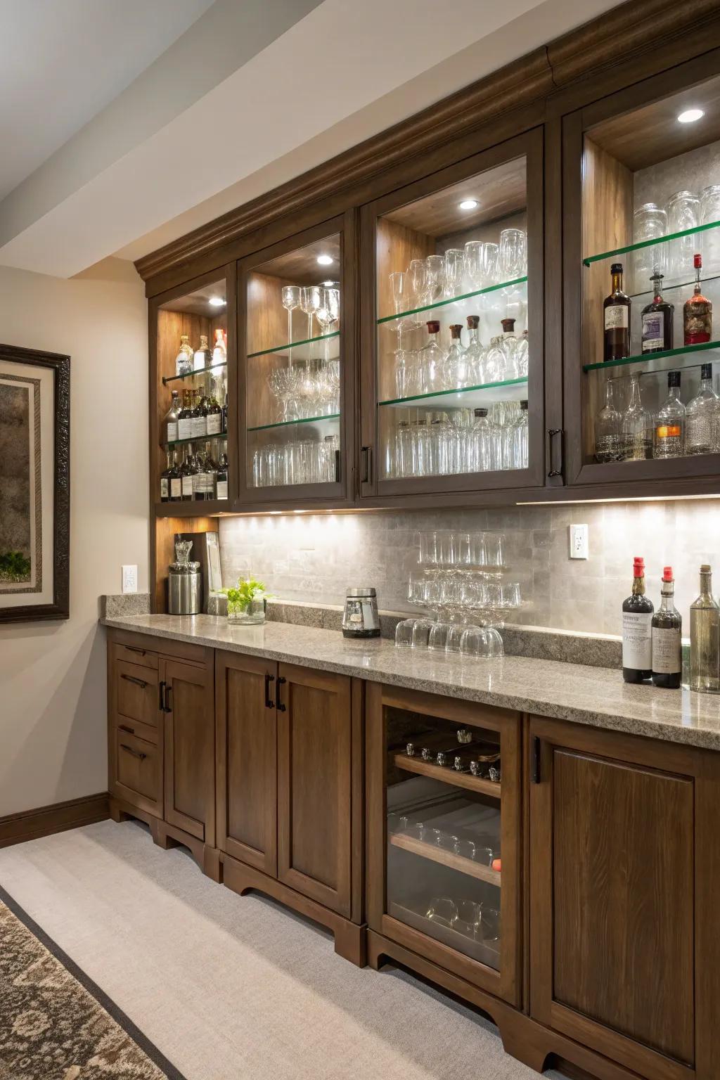 Practical storage with built-in shelves and cupboards in a dwelling bar.