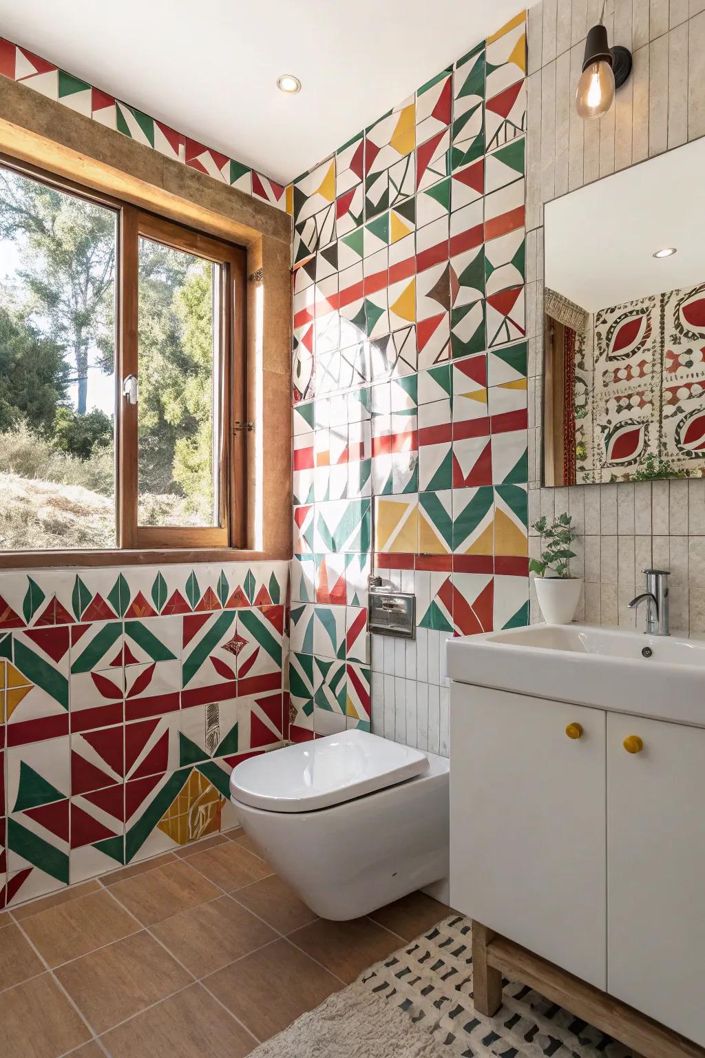 Designed tiles contribute an artistic and bold flair to your restroom.