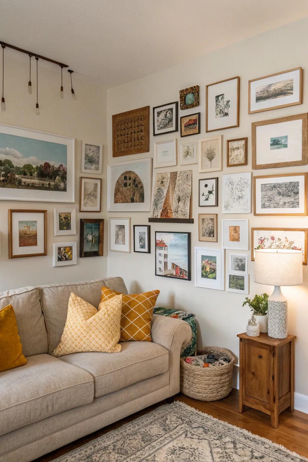 A gallery wall of personal artwork and photos.
