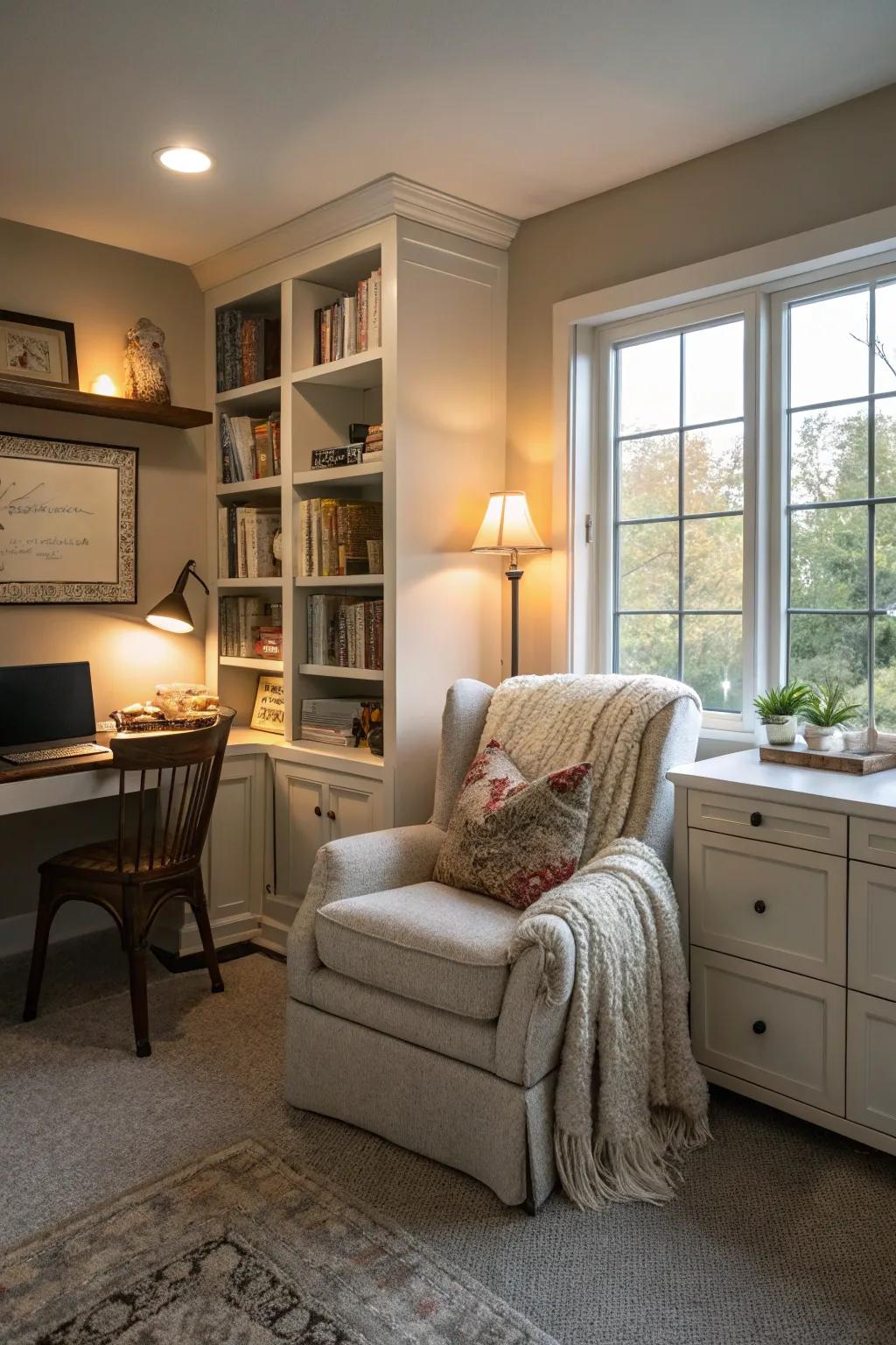 A snug reading corner in a home office featuring a plush chair and soft lighting.
