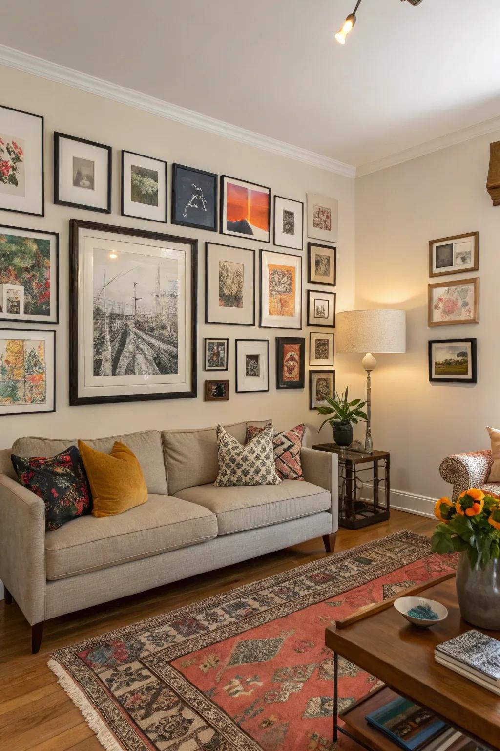 Artwork and wall decorations personalize your living room.