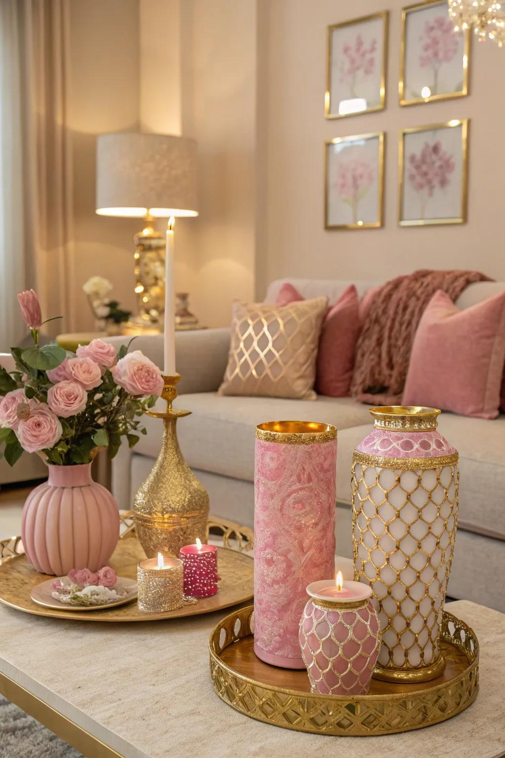 Rose and gilt accents infuse a hint of allure into the heart of the home.