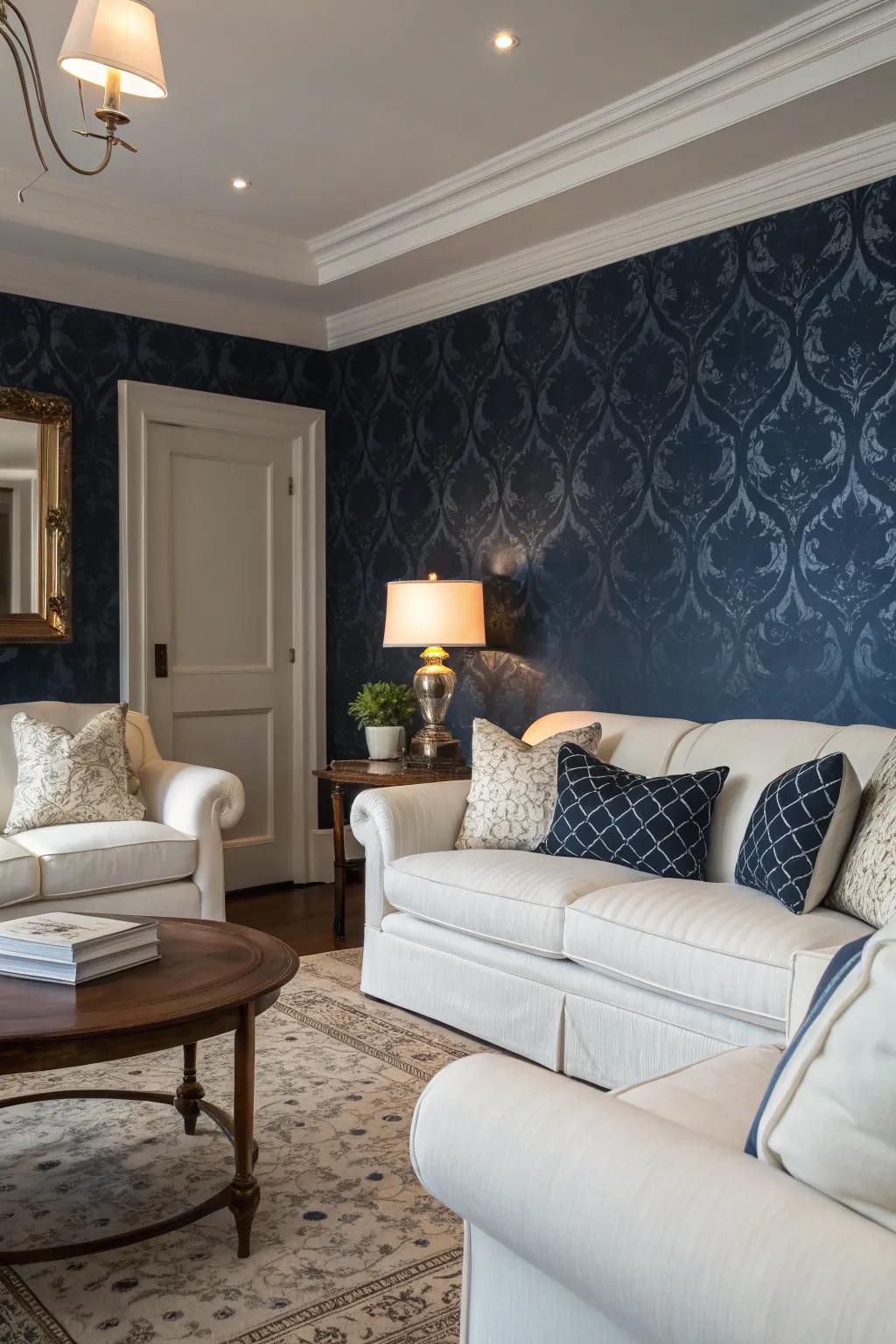 Contrasting decor amplifies the beauty of dark blue wallpaper.