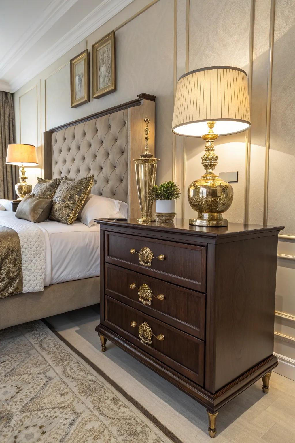Glowing metallics elevate the elegance of deep brown decor.