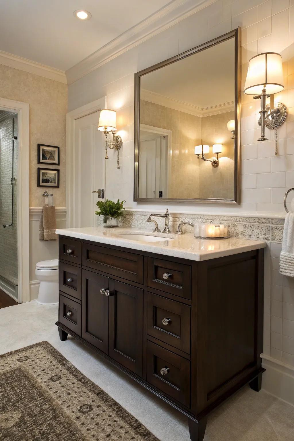 Ambient lighting elevates the warmth of a dark brown vanity.