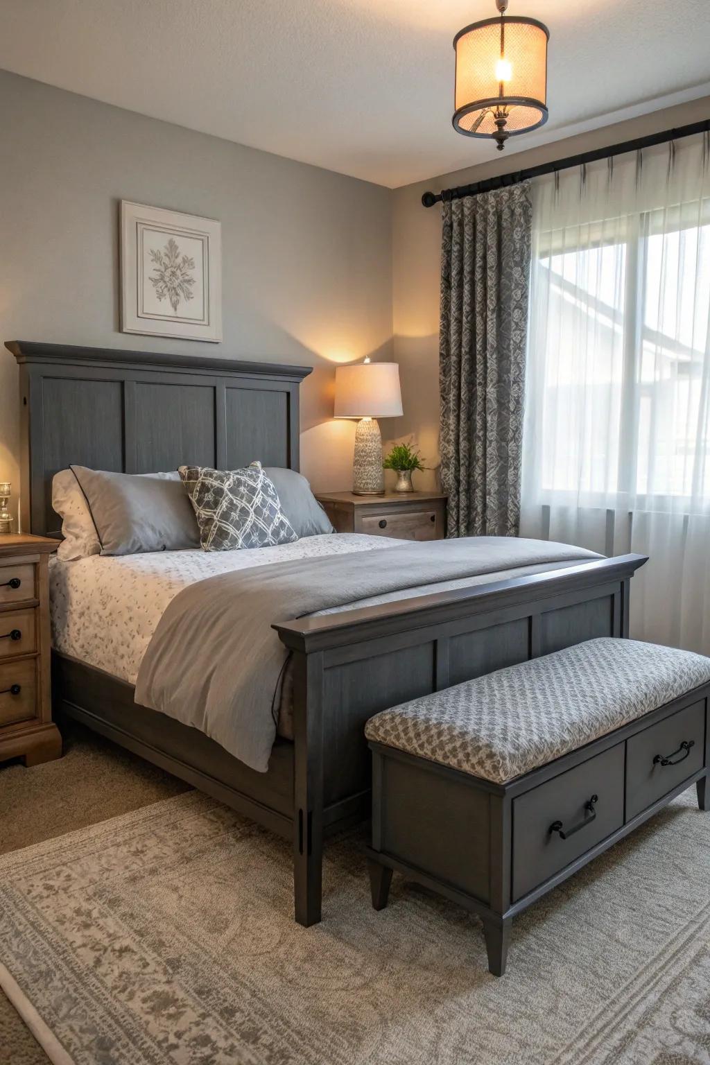 Practical furniture that harmonizes with the dark grey bed frame.