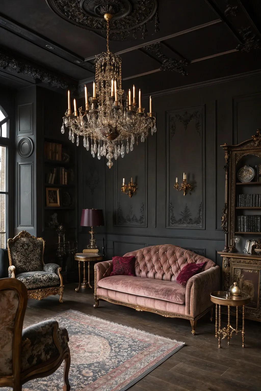 A theatrically grandiose living room brimming with antique allure and rich tones.