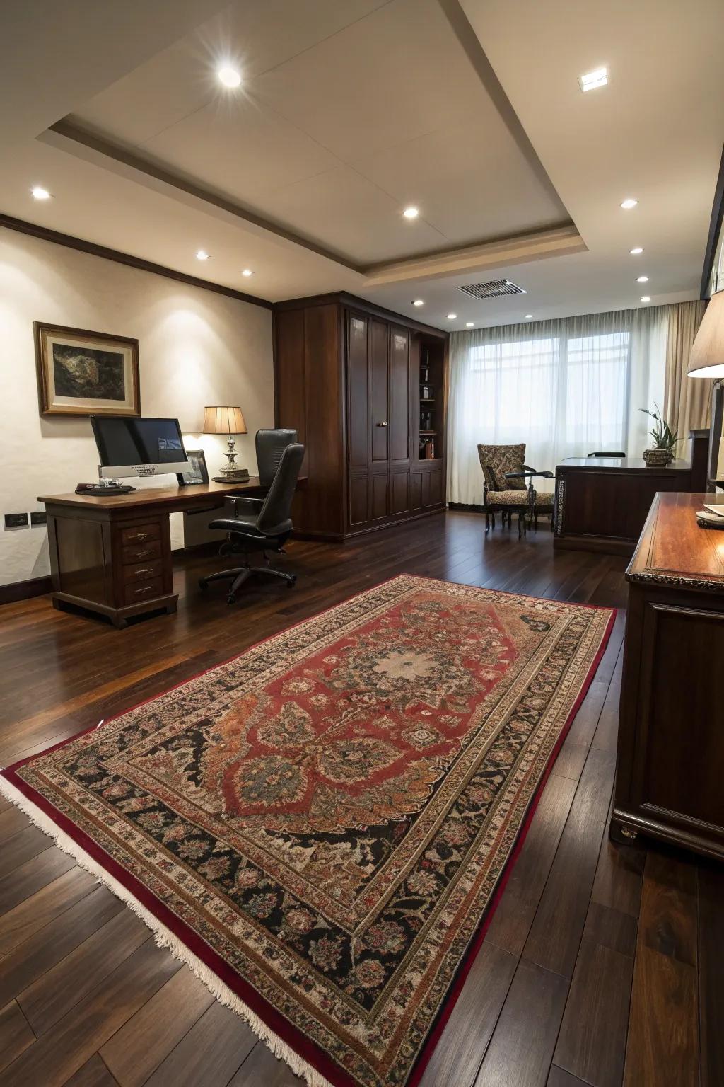 Opulent rugs and shadowy flooring ground the area.