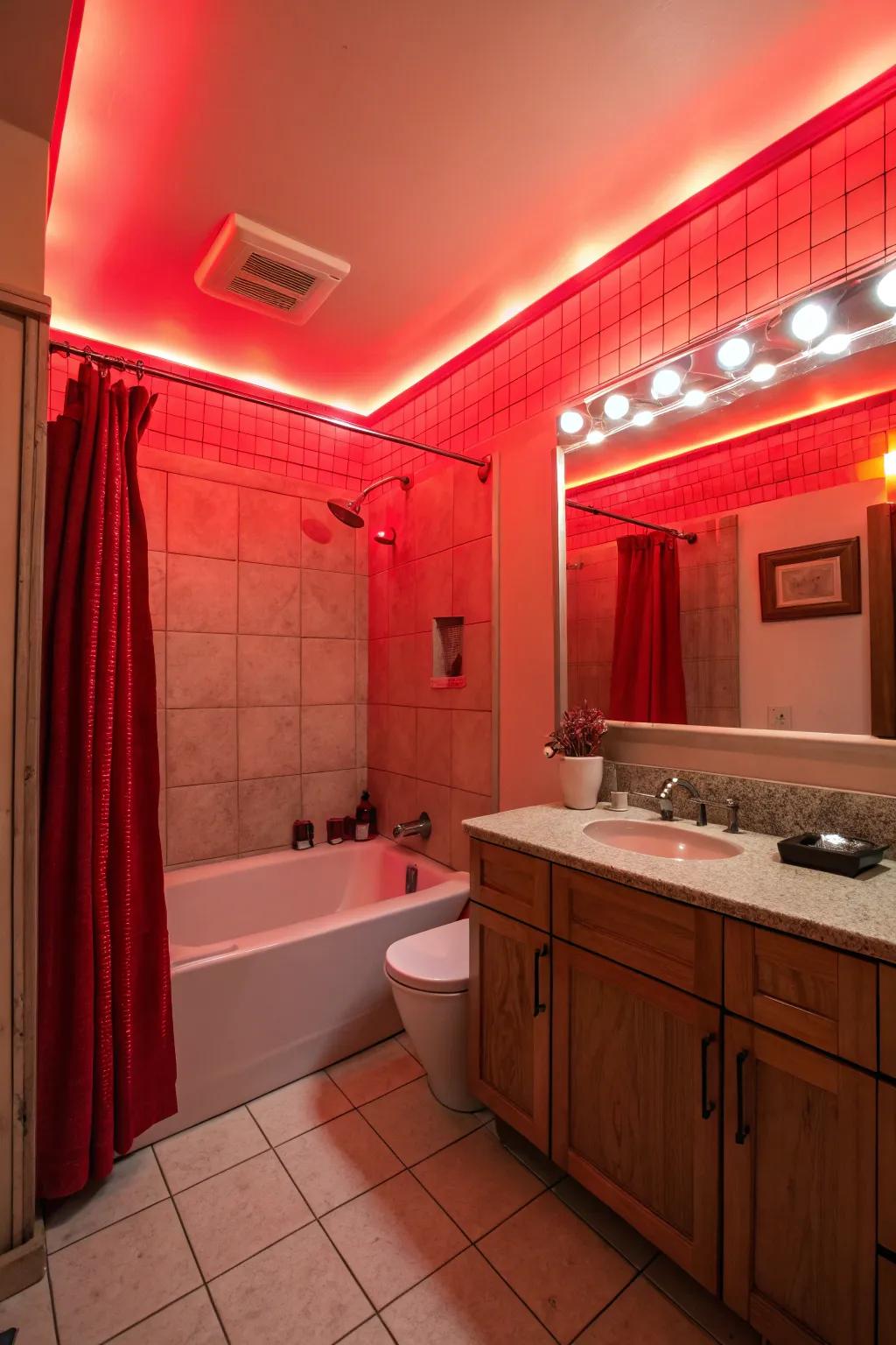Crimson lighting structures fashion a toasty and welcoming atmosphere.