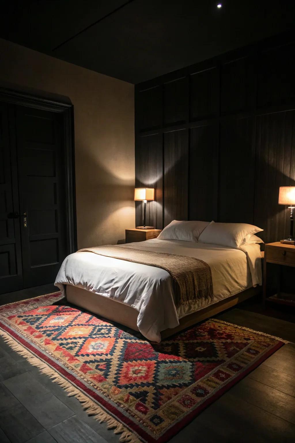 A shaded bedroom featuring light bedding and a contrasting rug.