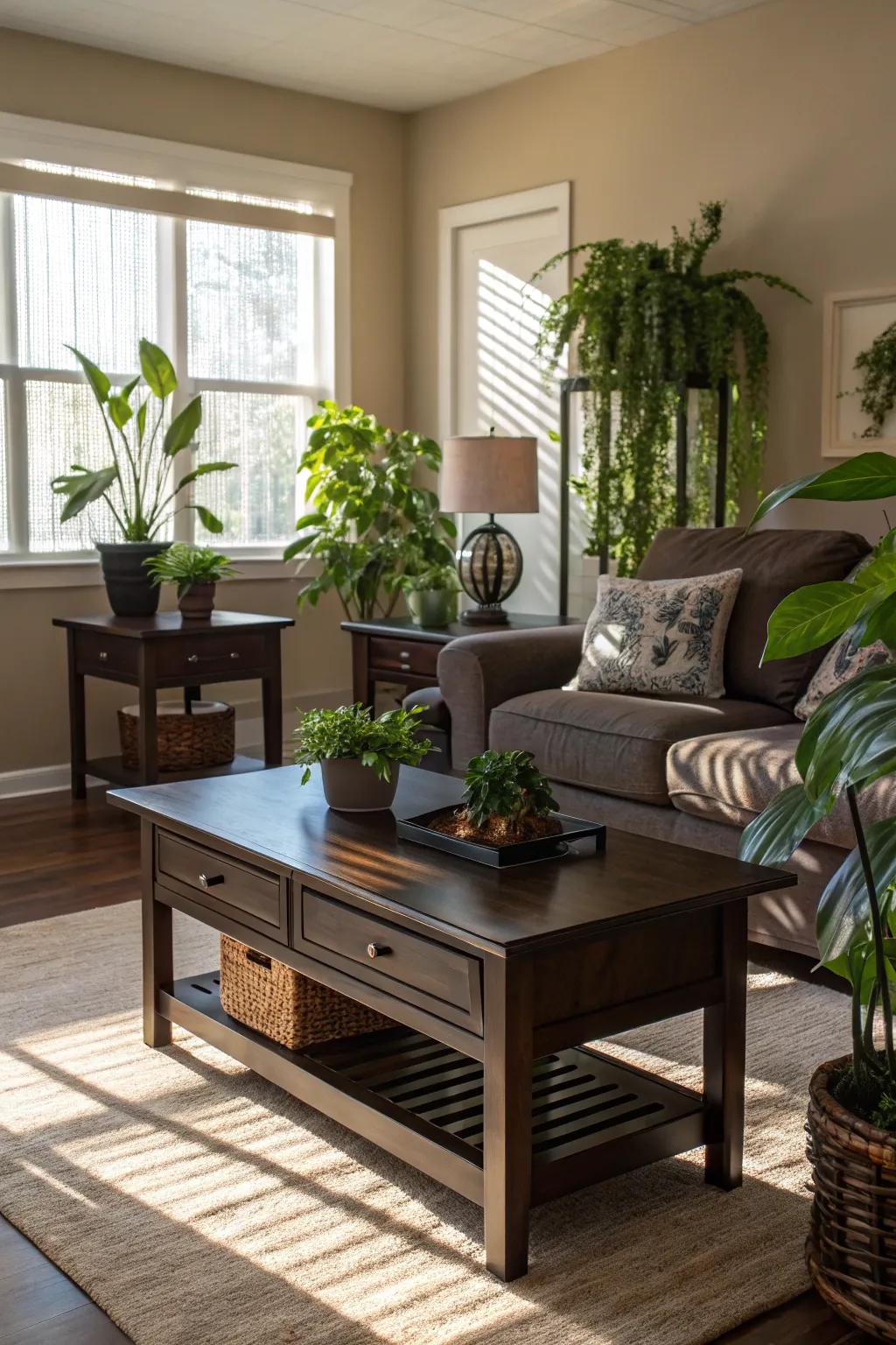 Plants contribute vitality and contrast to interiors featuring dark wood.