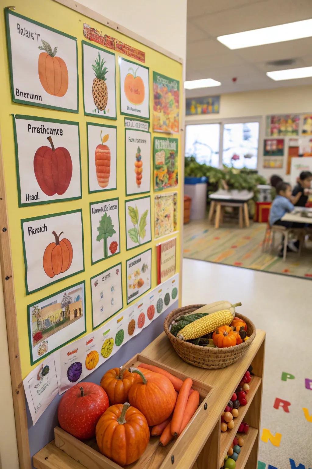 Autumn Gathering board featuring farm produce and miniature pumpkins.