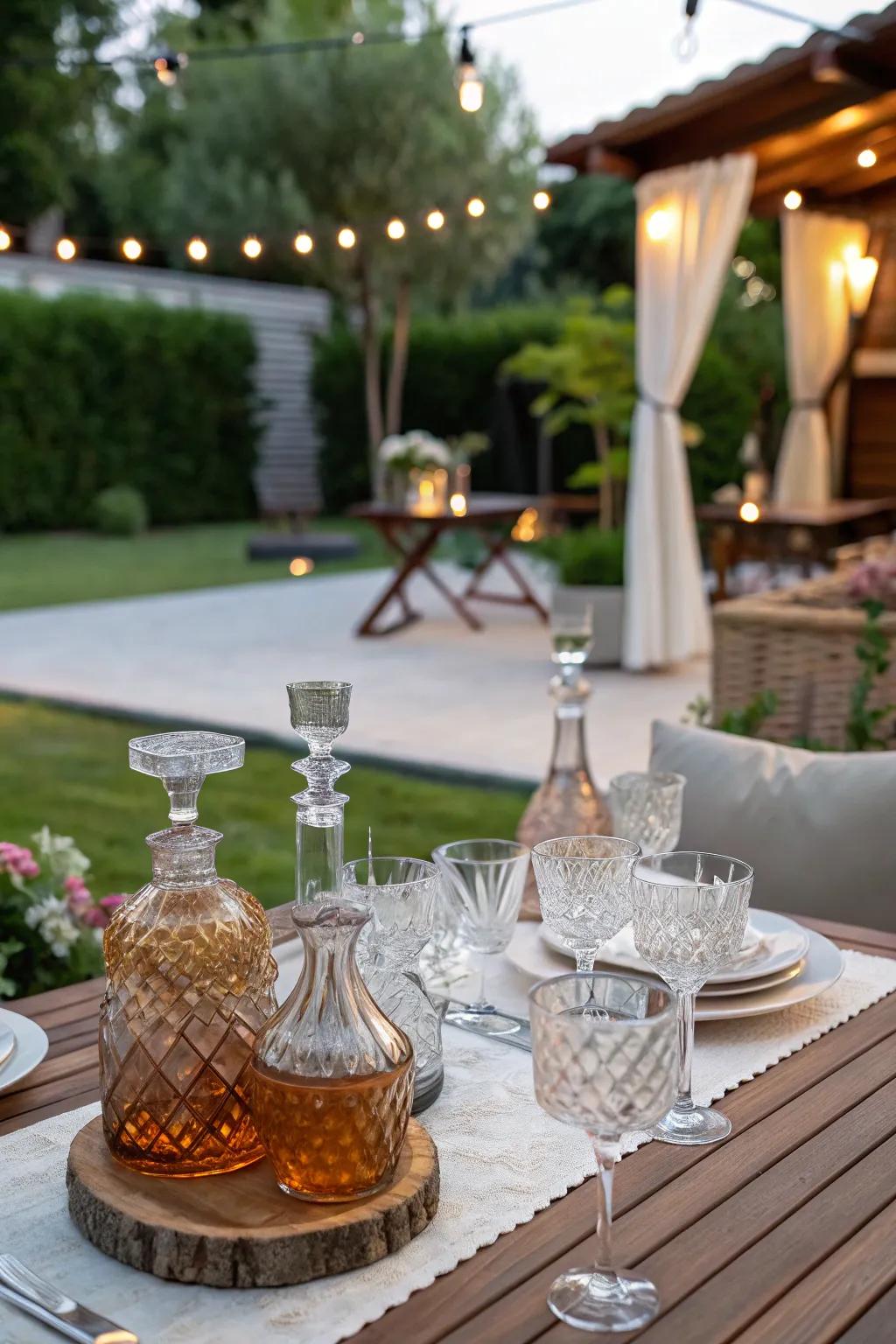 Ornate carafes enhancing an outdoor table setting.