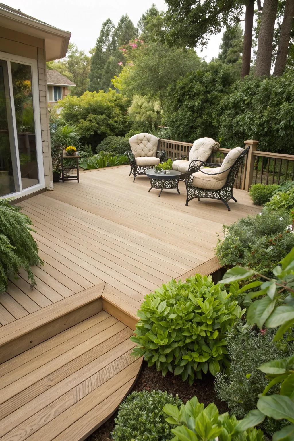 Pale walnut decks blend perfectly with the natural environment.