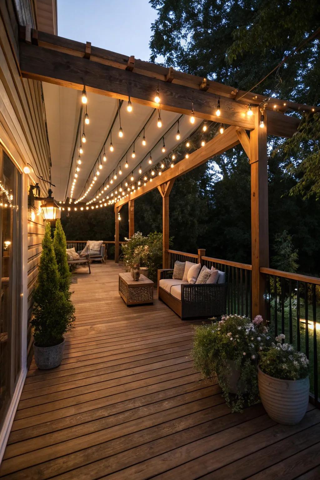 Integrated illumination introduces a bewitching radiance to your deck at night.