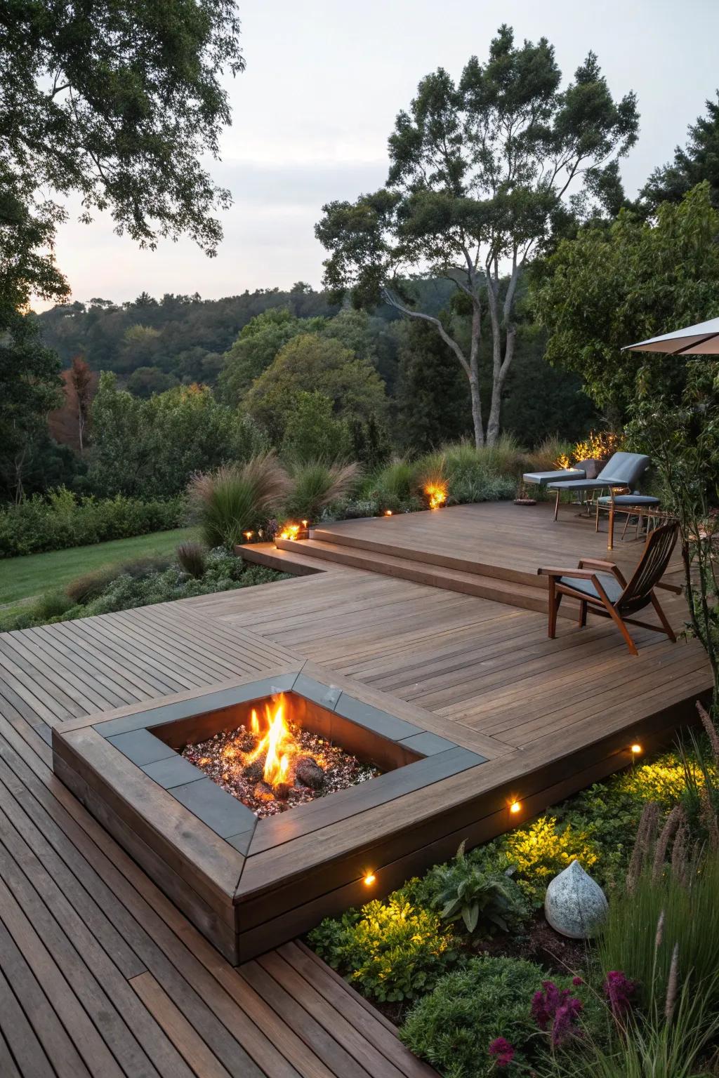 A floating patio with a fire pit creates a large and welcoming outdoor space.