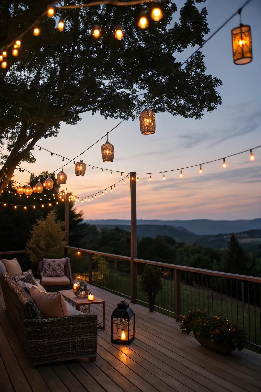 Deck illumination conjuring a snug and mesmerizing evening vibe.