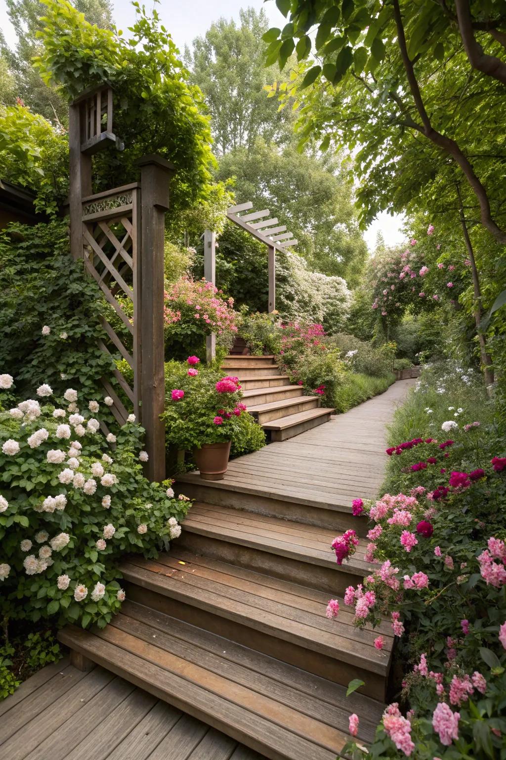 Deck steps beautifully combined with landscaping