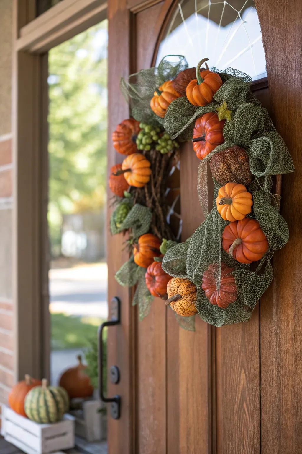 Playful faux pumpkins enliven this netting wreath.