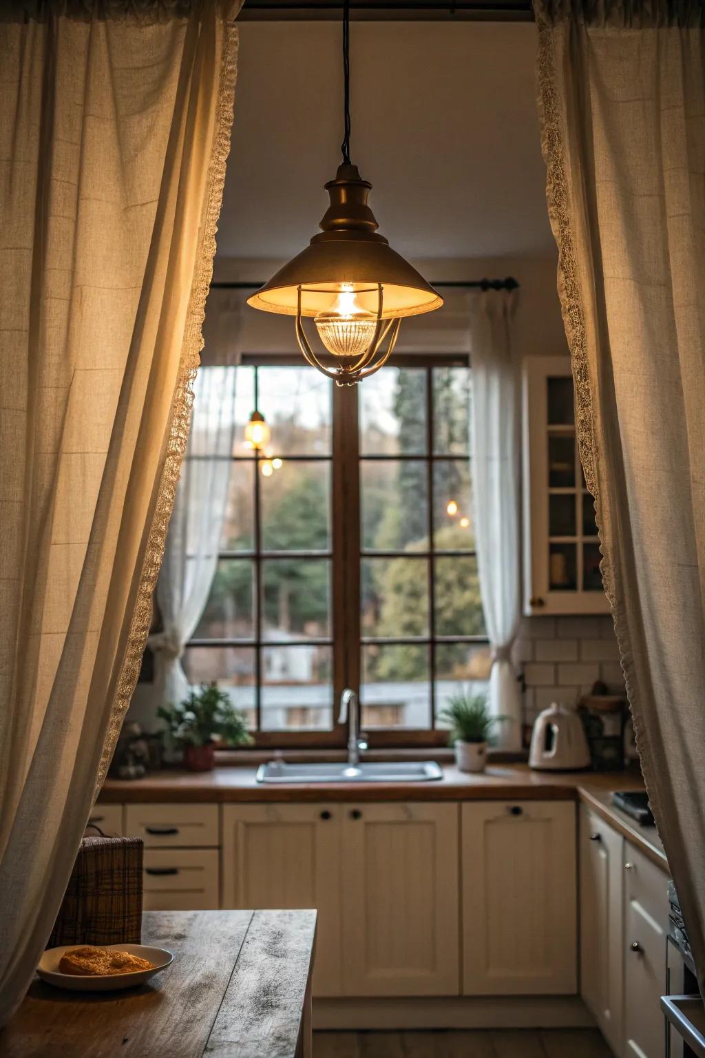 A hanging light adds warmth and style to the kitchen.