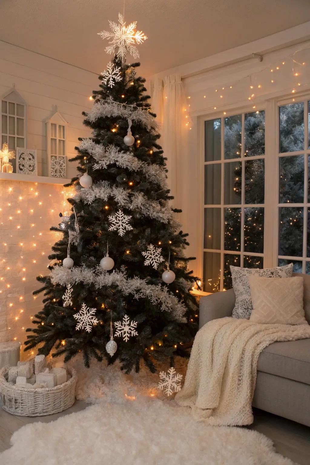 A dark fir with a snow-kissed, elegant aesthetic.