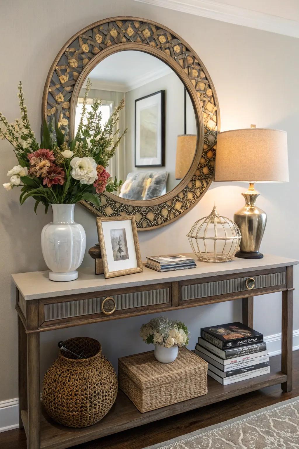 A mirror above a console merges aesthetic appeal with functionality.