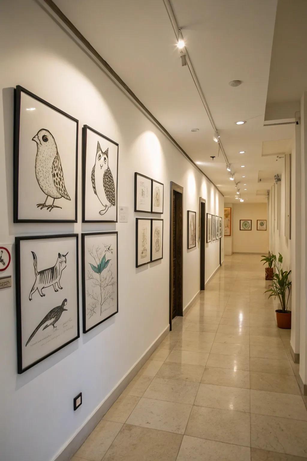 Picture a hallway enriched with framed minimalist animal drawings, blending fun with modern elegance.