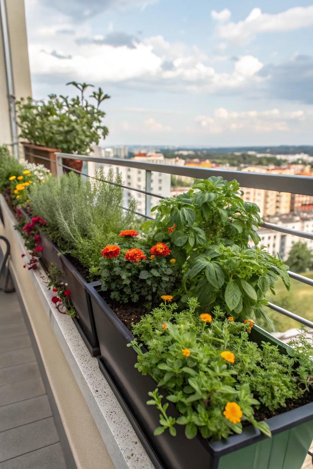 Balustrade flower boxes combining aesthetic appeal with practicality.