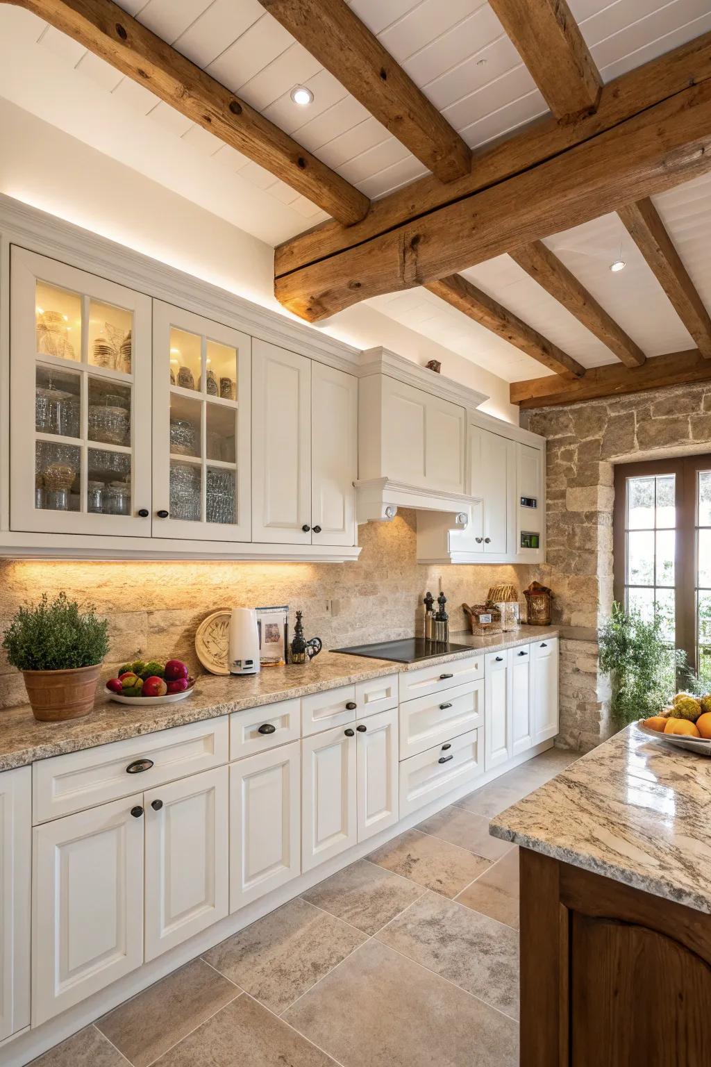 In a warm kitchen setting, wooden beams add character and warmth.