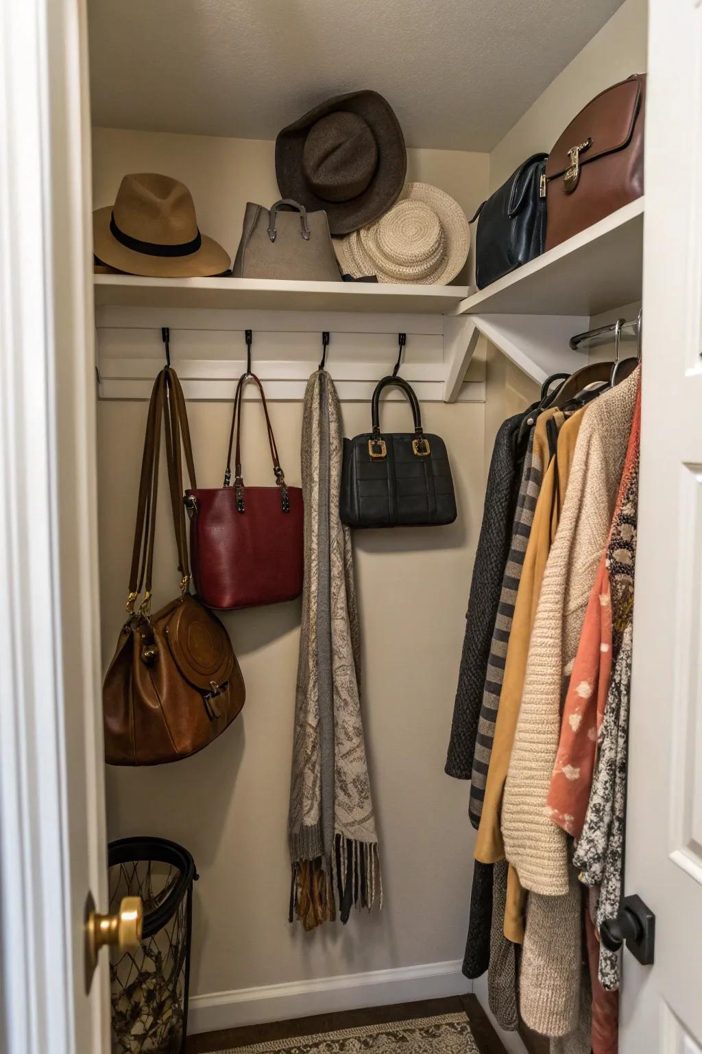 Improve accessibility by utilizing hooks for bags and accessories.