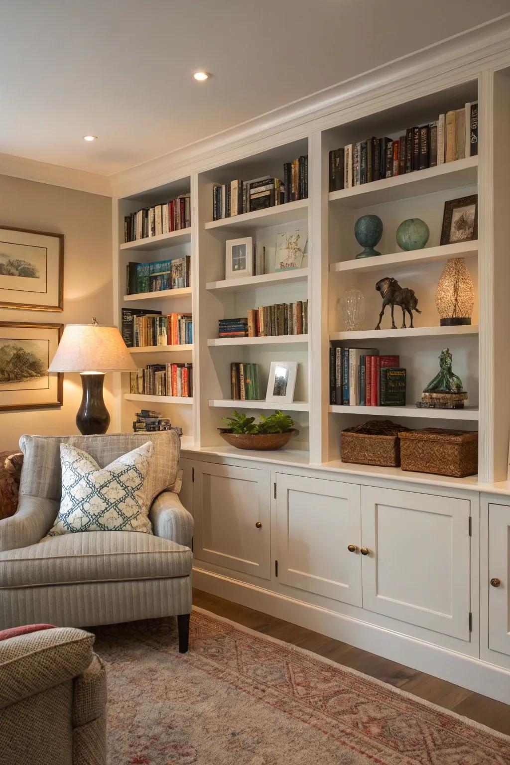 Built-in shelves add storage and style.