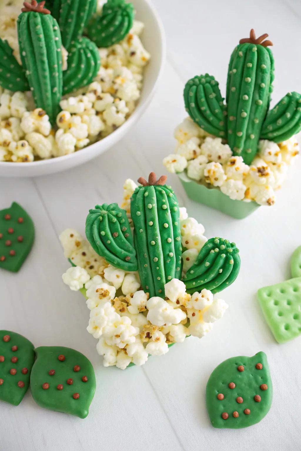 Burst corn morsels shaped as prickly pears utilizing verdant candy melts.