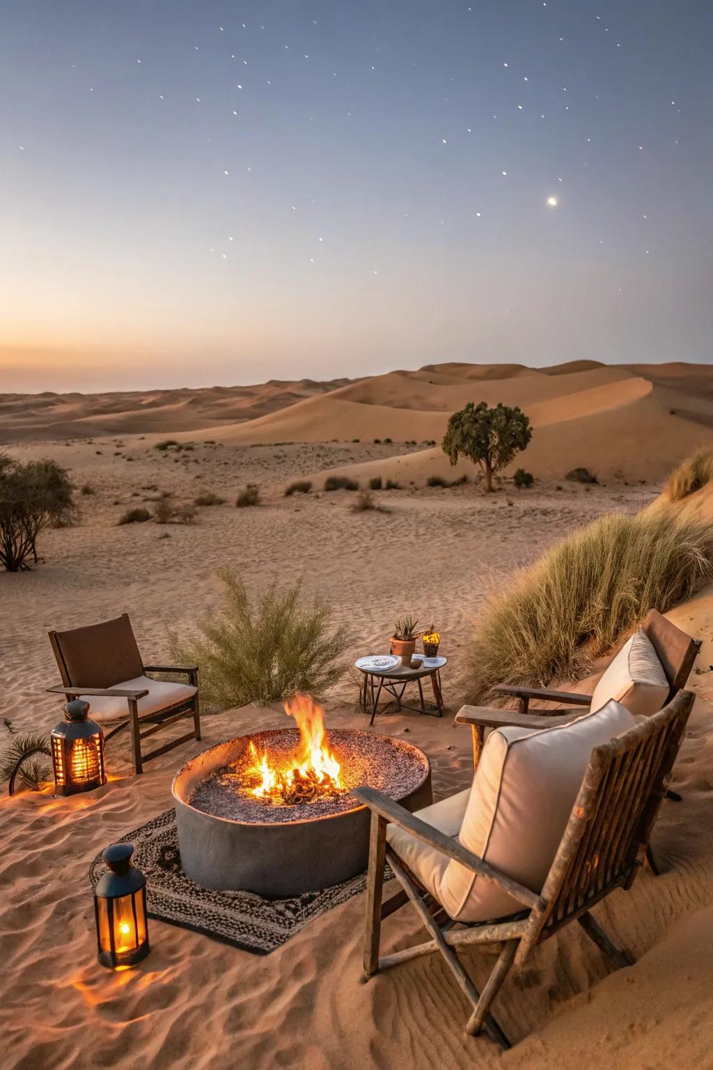 A snug and welcoming outdoor enclave, ideally conducive for relaxation amidst the desert's tranquility.