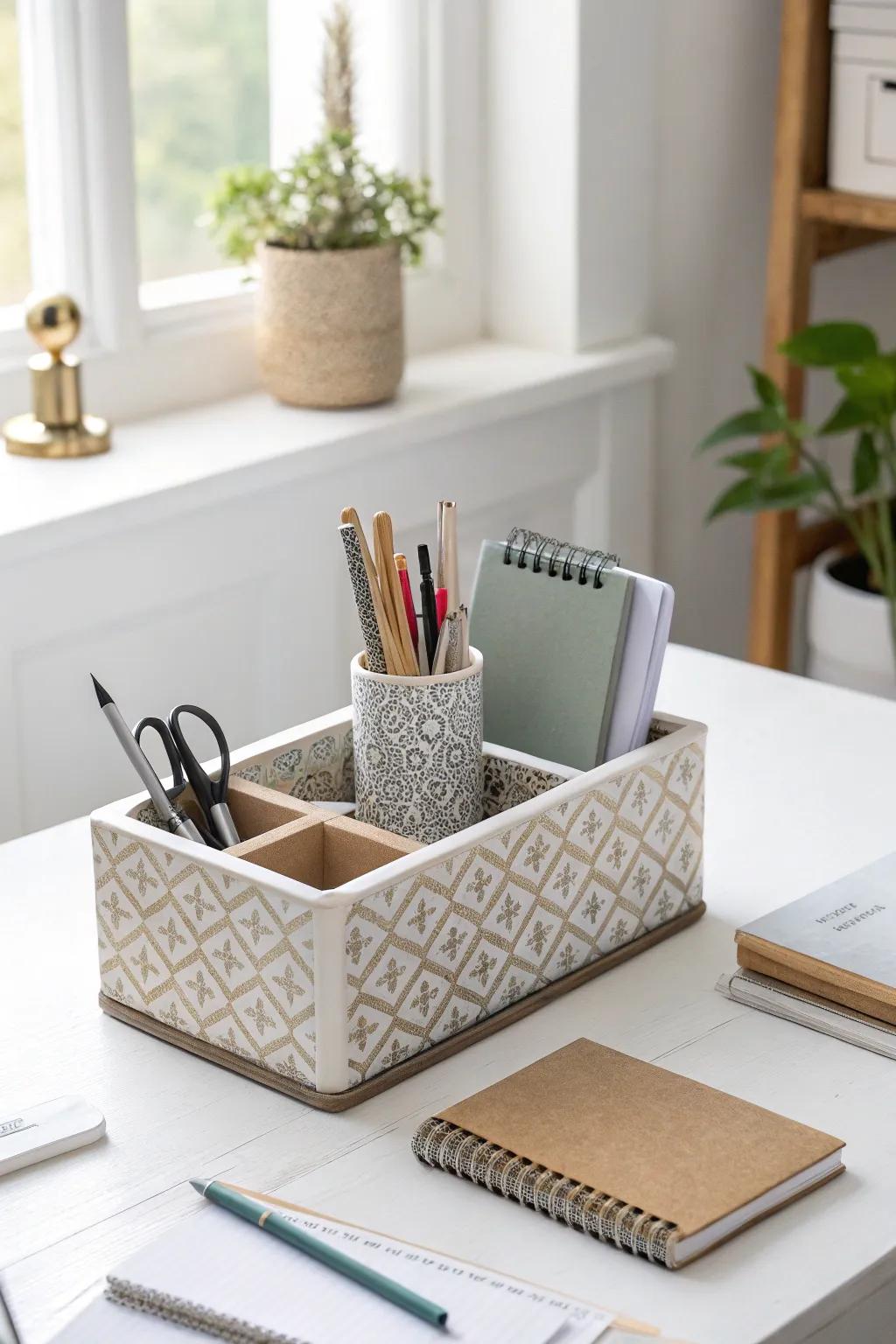 A desk organizer keeps the workspace tidy and stylish.