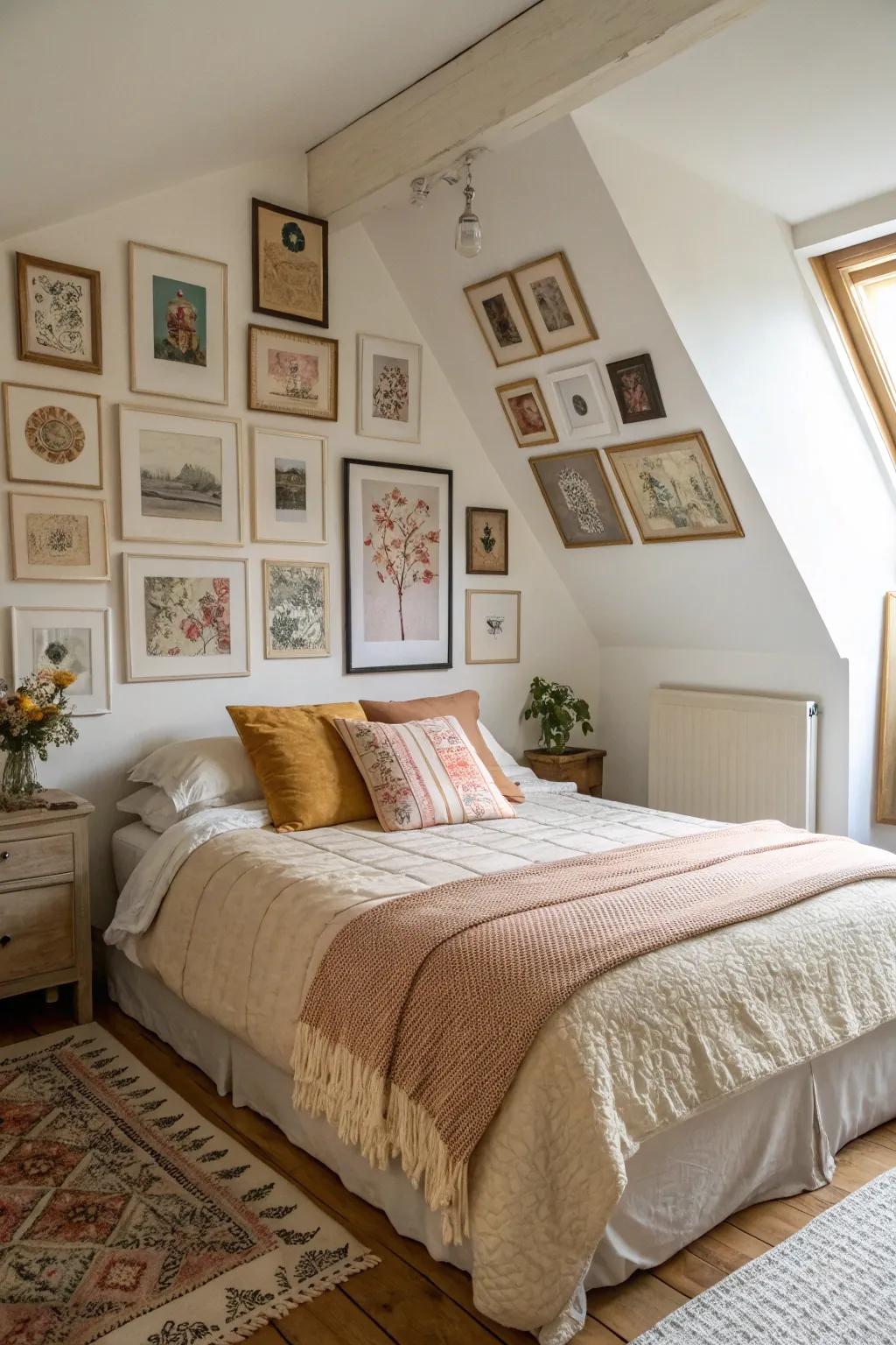 A gallery wall infuses character into a diagonal bed arrangement.