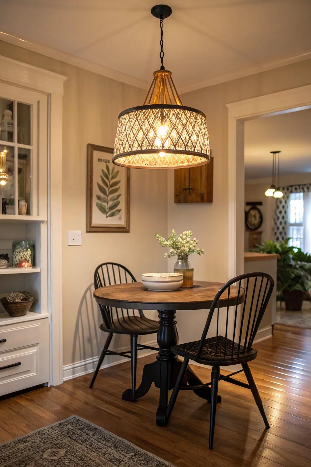 A decorative light fixture adds drama and interest to the dining corner.