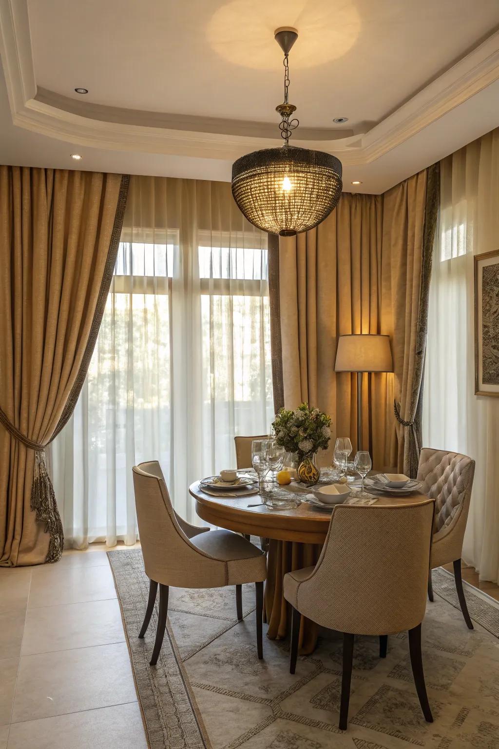 Harmonious pairing of window dressings and furniture within a dining space.