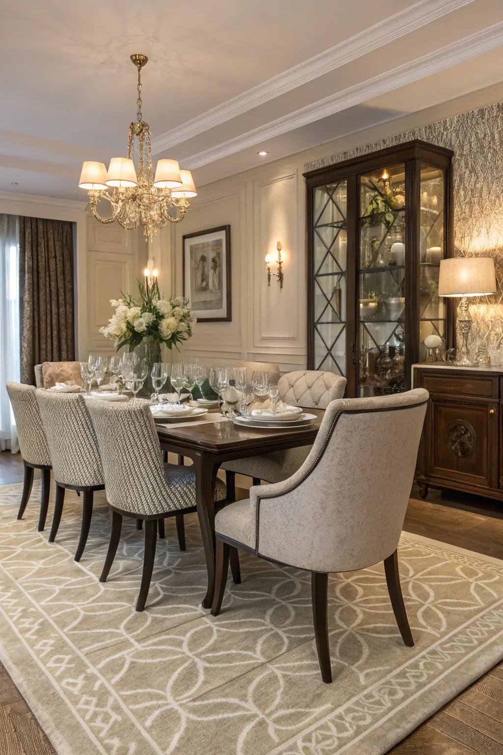 A layered floor covering defines and warms the dining zone.
