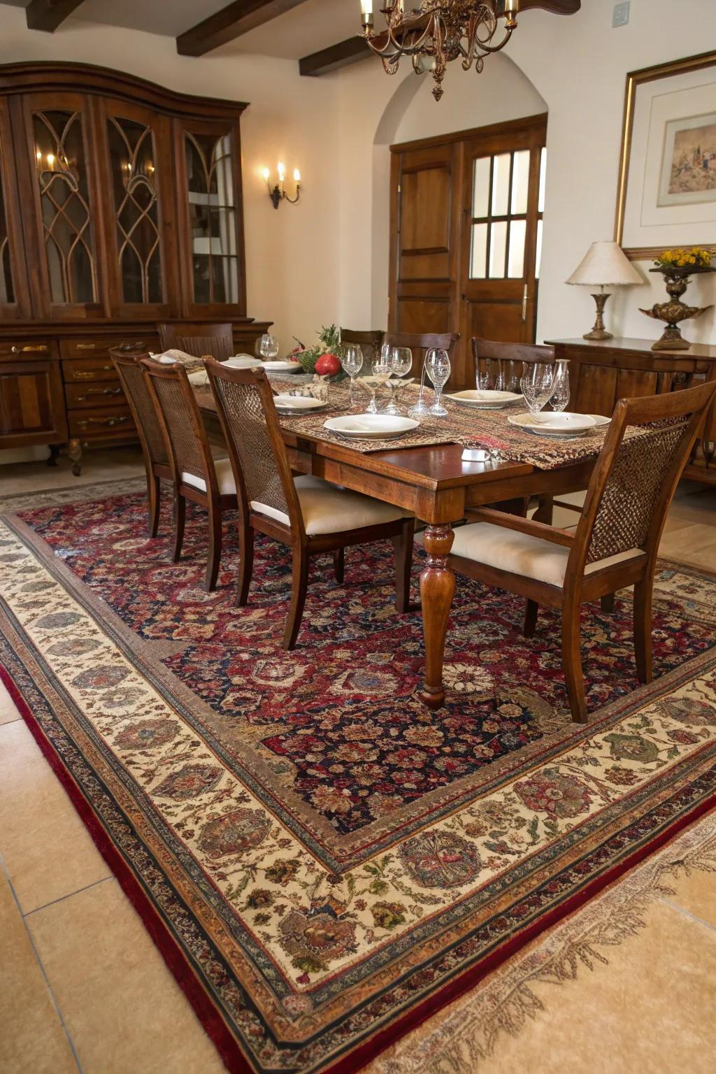 Near Eastern floor coverings adding timeless panache to the dining space.