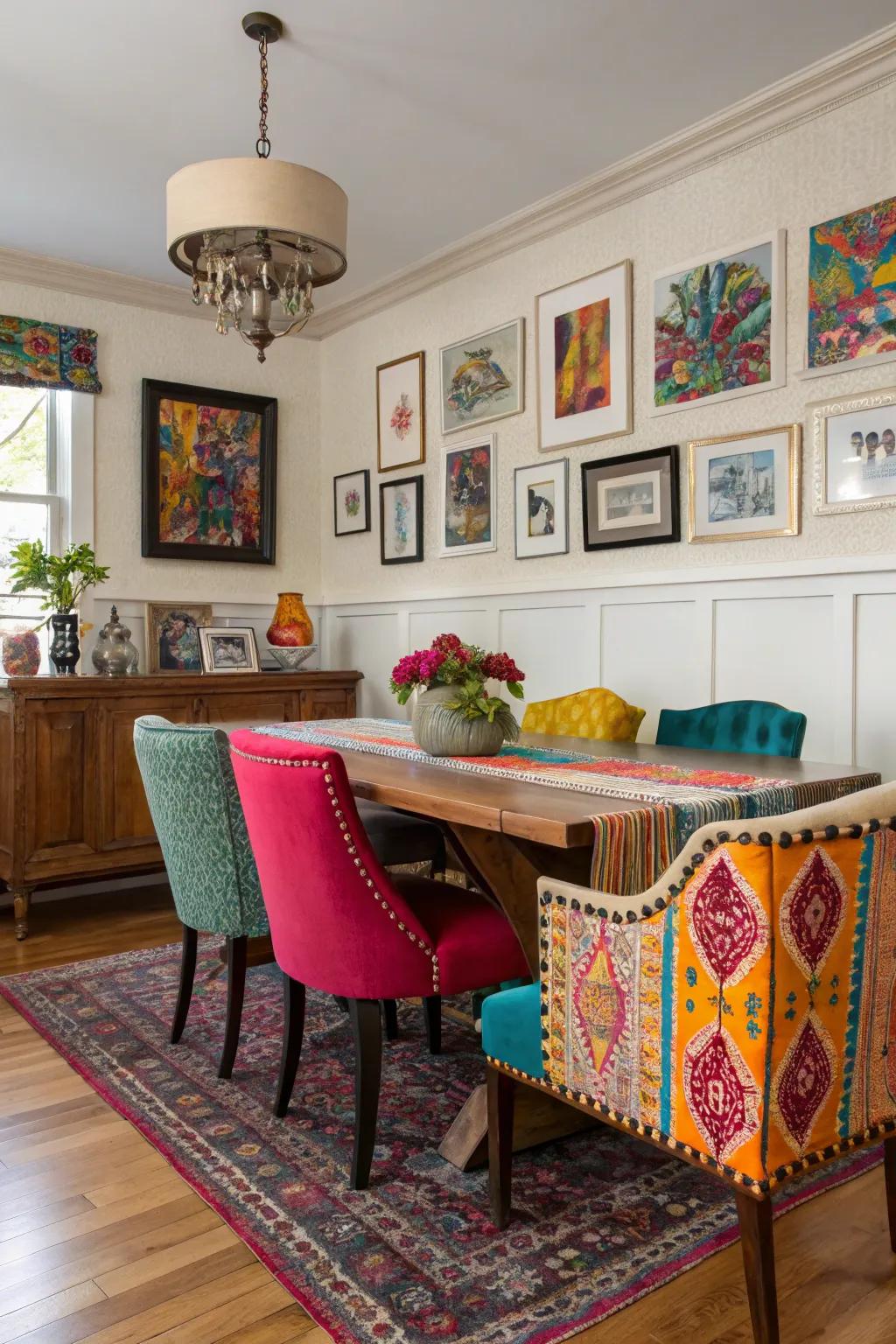 A diverse mix of shades infuses a playful energy into the dining space.
