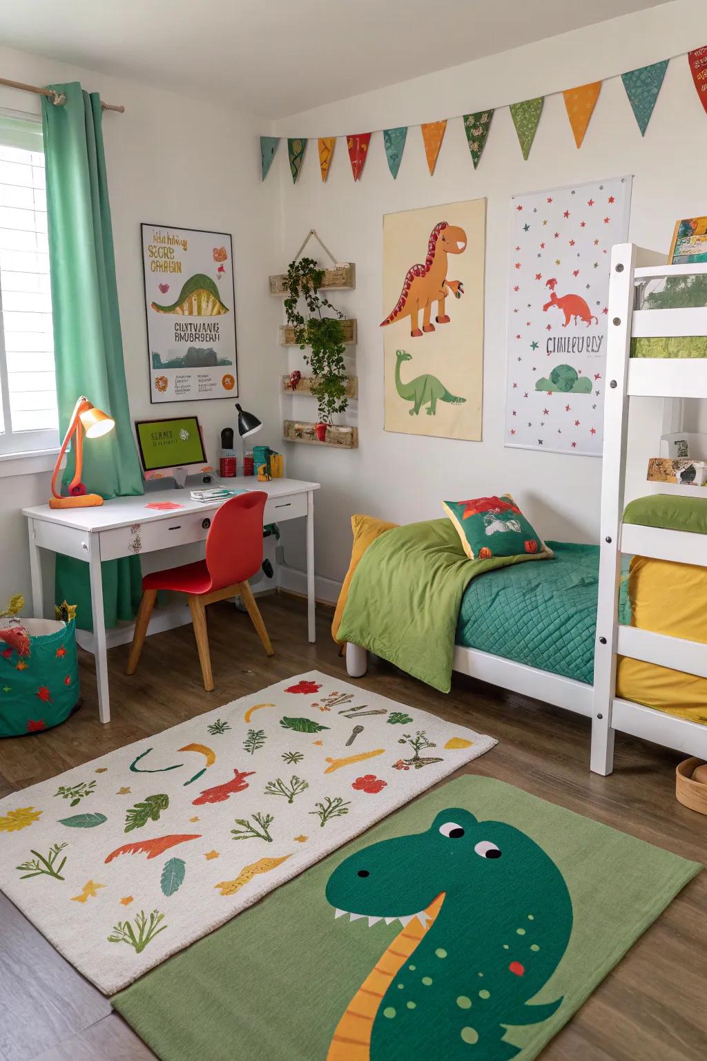 Furniture adorned with dinosaur designs, adding a thematic touch to the space.