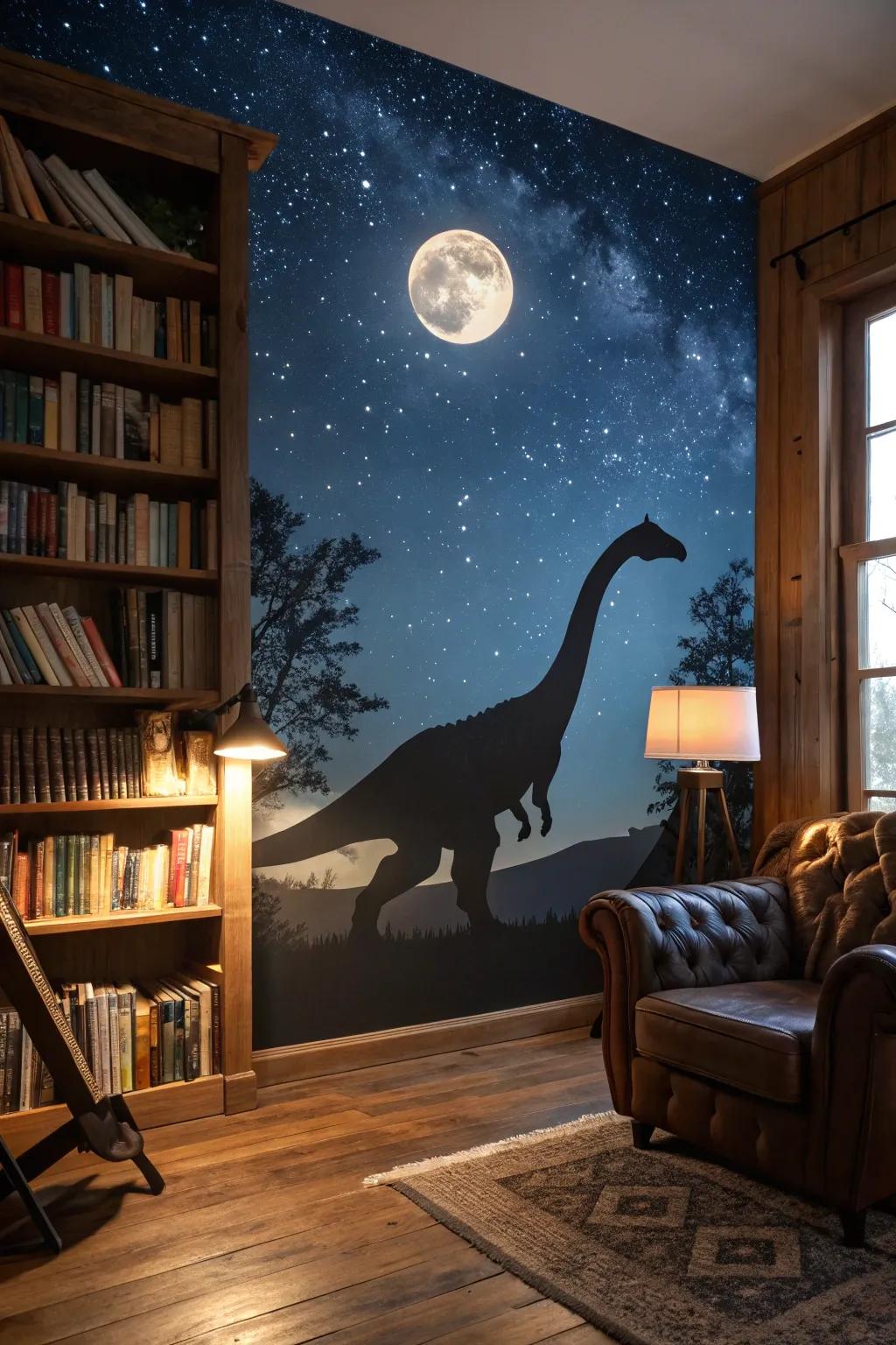 Mystical dinosaur and illuminated evening artwork